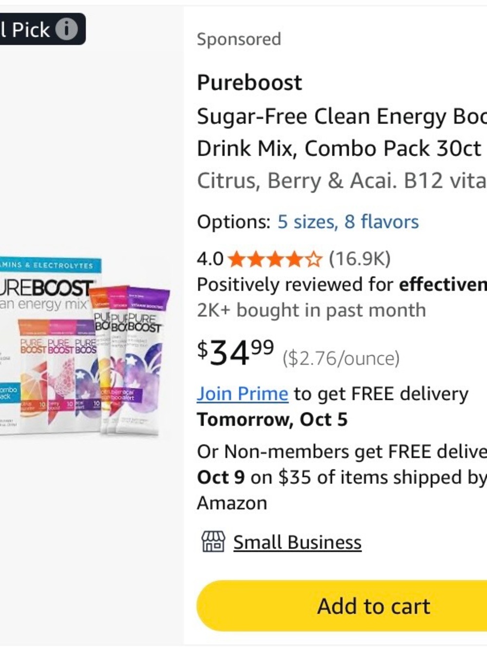 Pureboost Clean Energy Mix Combo Pack - White (unopened 30 ct box)